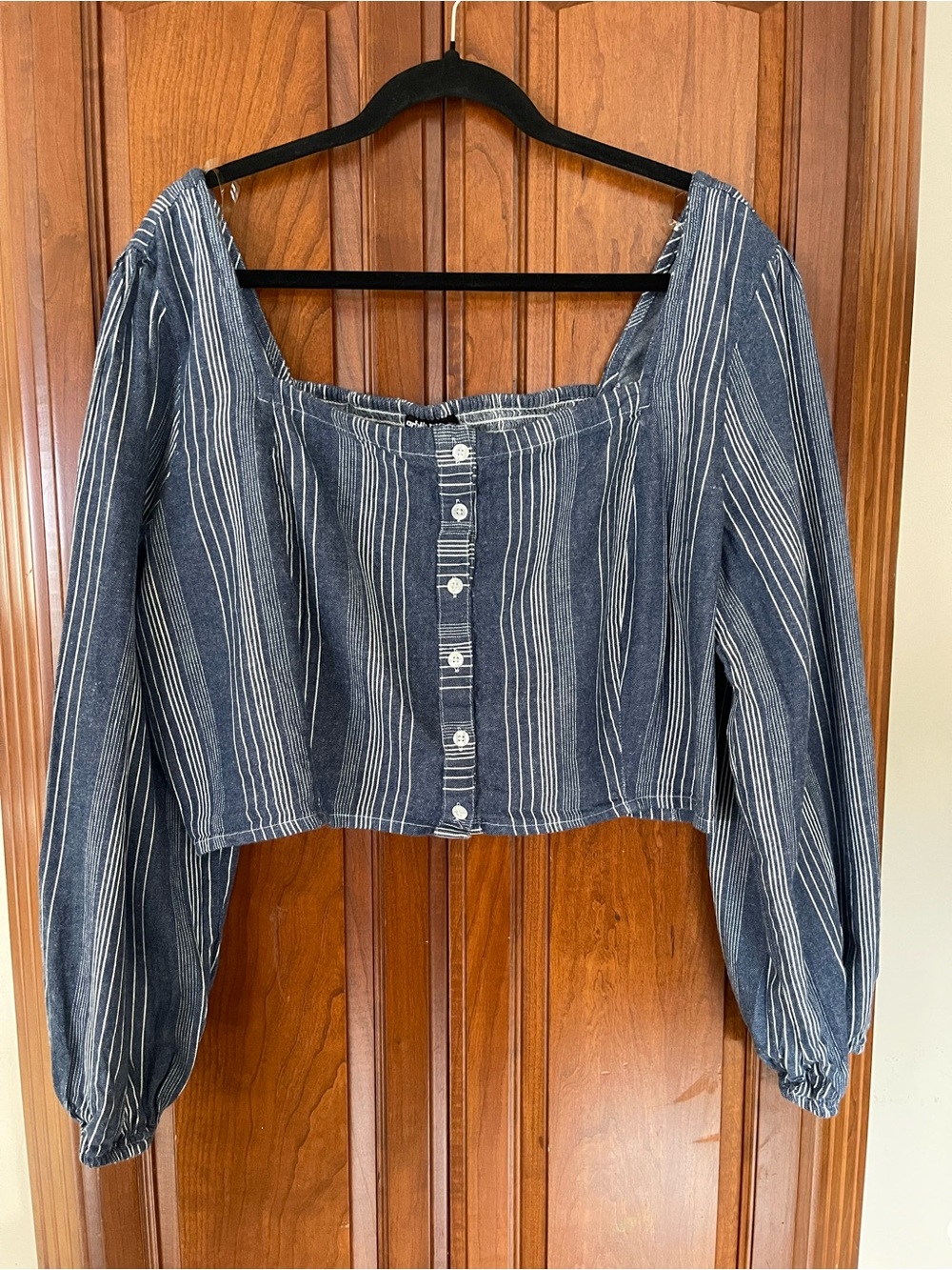 Charlotte Russe Navy and White Striped Button-Up Peasant Top